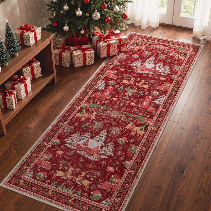 Mcow Holiday Cheer Collection Machine-Washable Hallway Area Rug - 2' x 5' - Reindeer Red - Runner