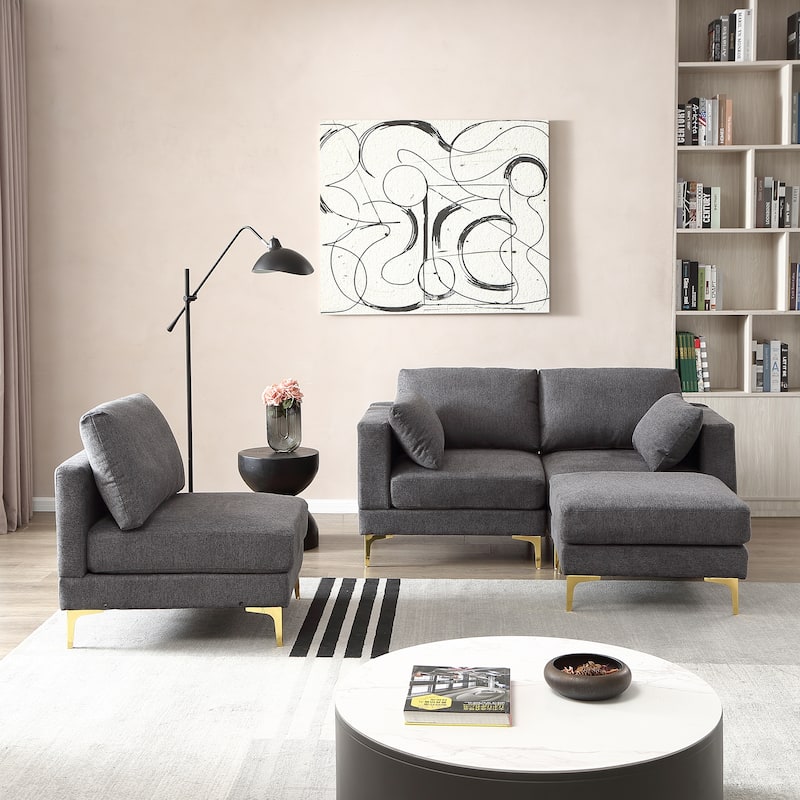 92'' Fabric L-Shape 3-Seater Sofa with Ottoman, Gold Metal Legs, and Toss Pillows