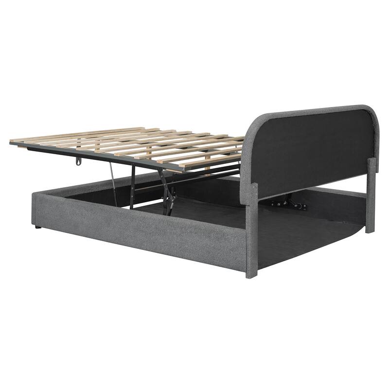 Queen Upholstered Platform Bed with Hydraulic Storage, Teddy Fleece Fabric, Sturdy MDF Frame, and Curved Headboard
