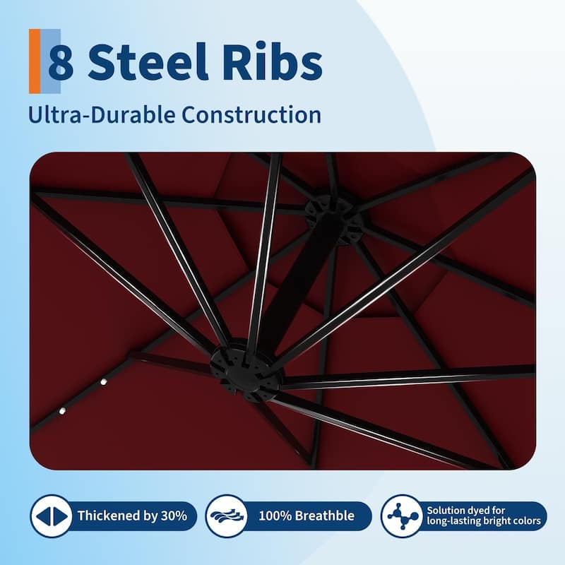 Coromose 10FT Solar Cantilever Patio Umbrella, 8 Ribs, 32 LED Lights