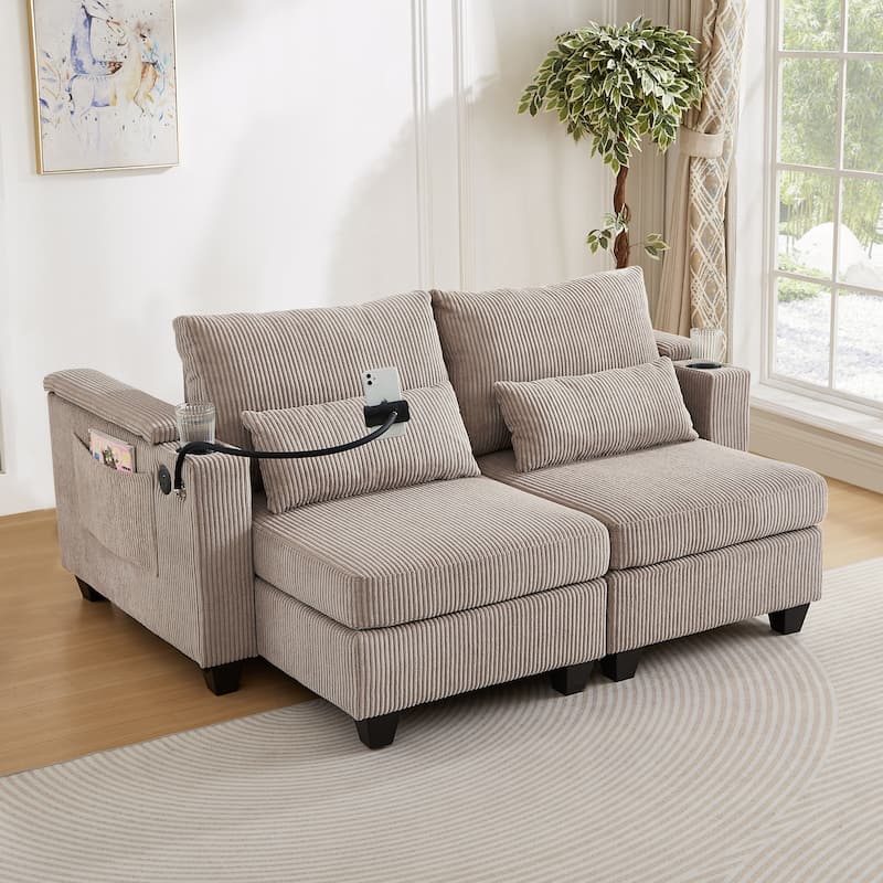 Convertible Chaise Lounge 63" Loveseat Sofa Sofa Bed Corduroy Sleeper Sofa with USB Ports, Two Cup Holders