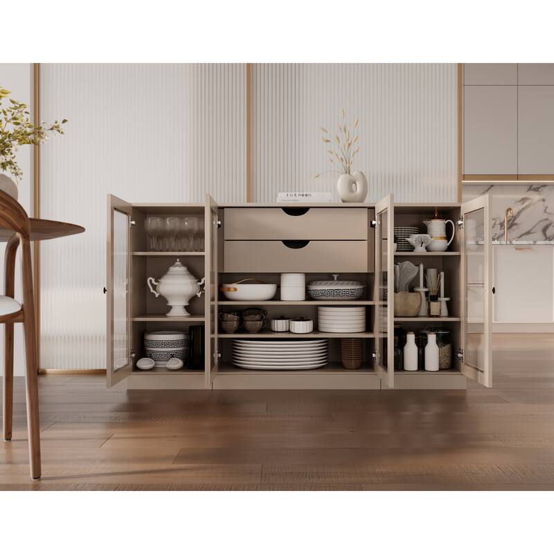 Palace Imports 100% Solid Wood 65" Sideboard with Clear Glass Doors, 2-Drawers and Adjustable Shelves