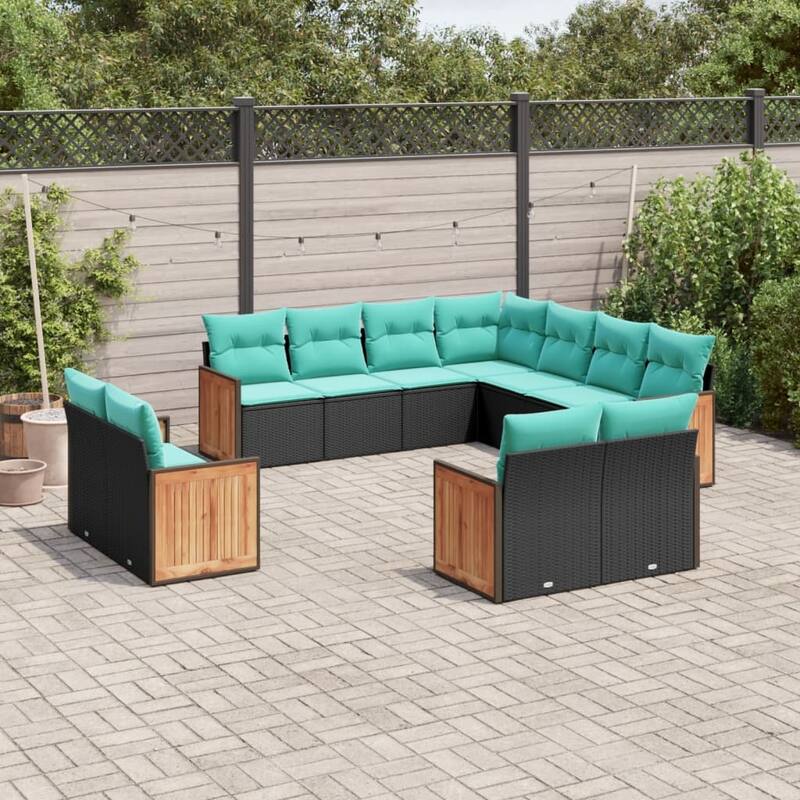 vidaXL 11 Piece Patio Sofa Set with Cushions Black Poly Rattan - 24.4x27.2x24.4-Without table
