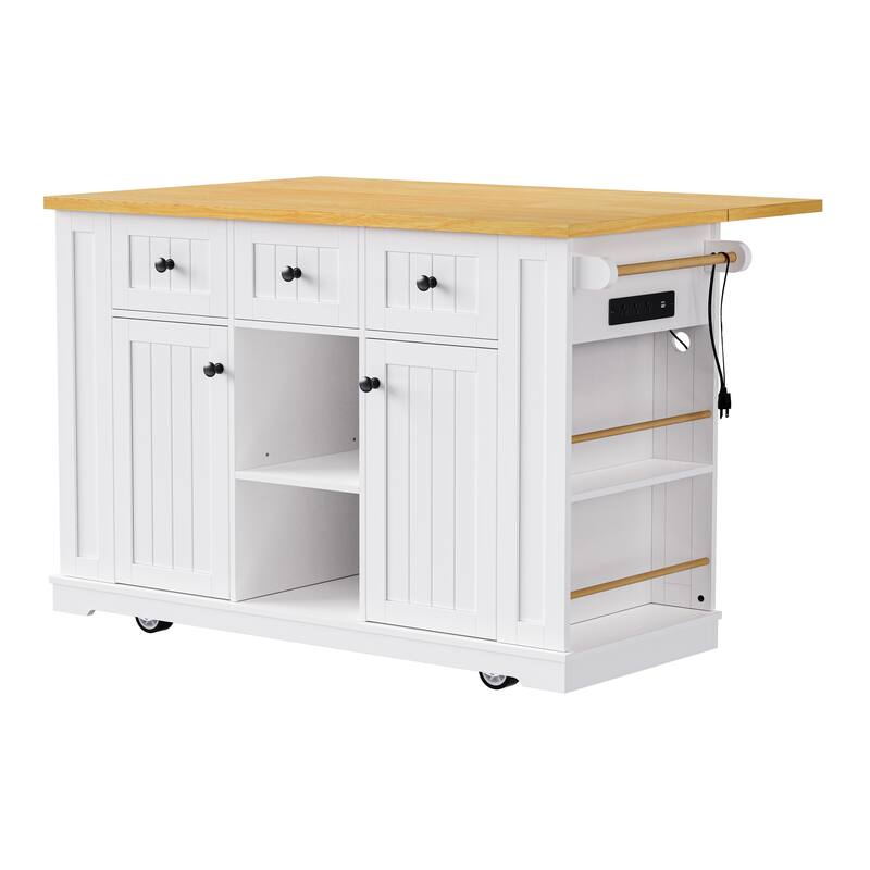 53"Large Kitchen Island with Drop Leaf,Power Outlet,Door Internal Storage Rack,Rolling Cart on 5 Wheels with 5 Open Side Racks