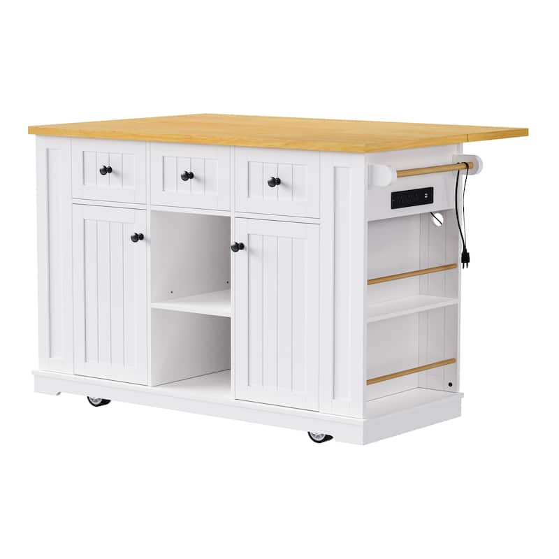 Kitchen Island on 5 Wheels with Drop Leaf, Kitchen Island Cart with Power Outlet, Movable Carts with Internal Storage Rack