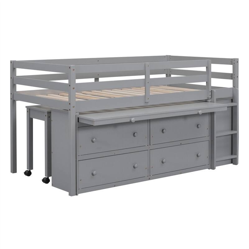Twin/Full Size Low Loft Bed with Retractable Writing Desk and 4 Drawers, Wooden Loft Bedframe w/ Lateral Portable Desk & Shelves