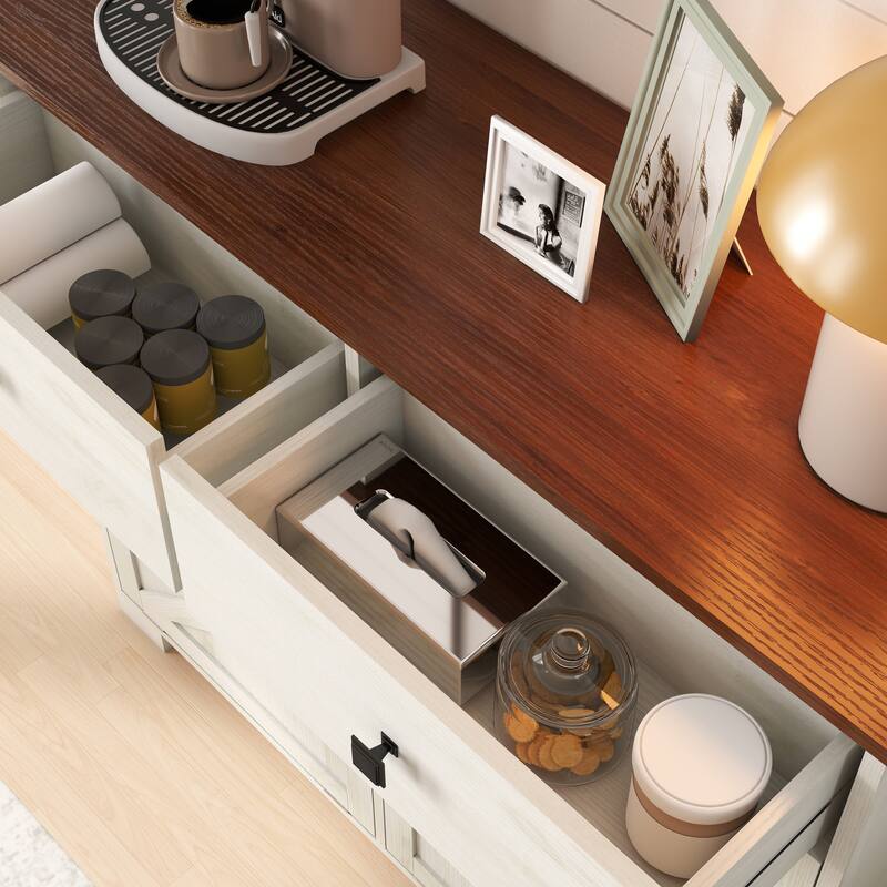 Tilt Out Trash Cabinet, Freestanding Wooden Trash Recycling Cabinet, Hidden Dual Laundry Cabinets with 2 Drawers & 2 Baskets