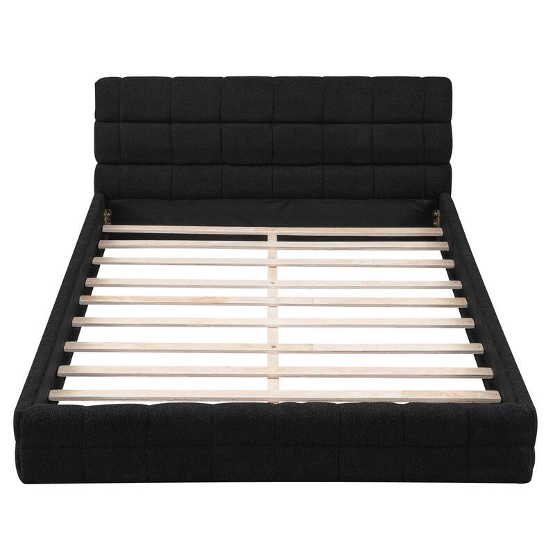 Modern Upholstered Platform Bed Frame Grounded Bed Frame with Striped Headboard/Wood Slats Support/No Box Spring/Easy Assembly