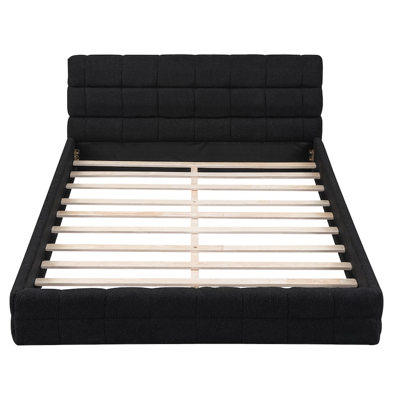 Queen Size Upholstered Platform Bed in Black with Headboard and Sturdy Construction