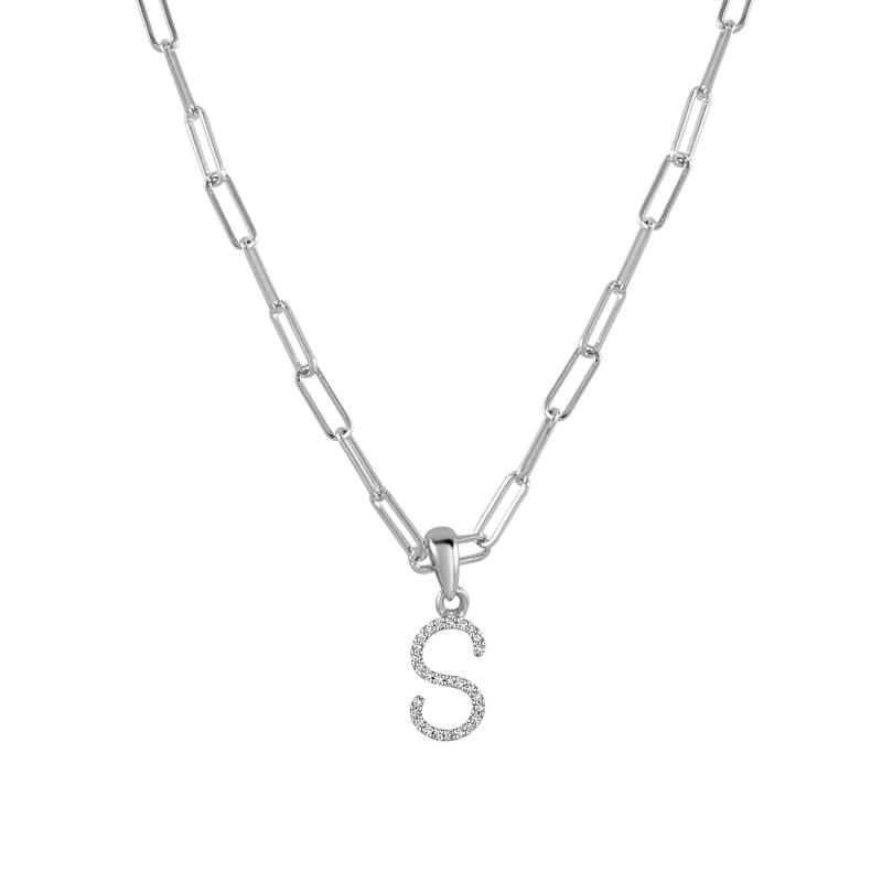 Joelle Collection Diamond Initial Letter Necklace Paperclip 14K Gold 16-inch Chain 1/10 TDW Necklace - S - White
