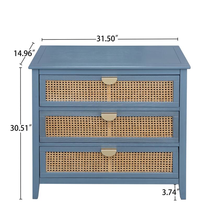 3 Drawer Nightstand,Natural Rattan,Suitable for Bedroom