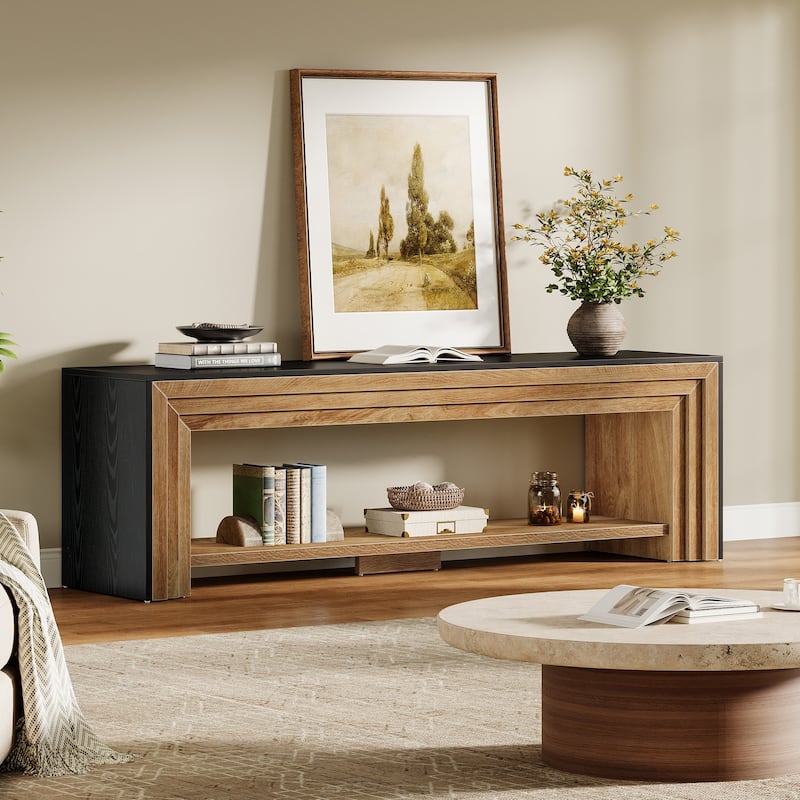 70" TV Stand for TVs, Wooden Entertainment Center with Open Storage Shelves, Low Media Console for Living Room, Bedroom