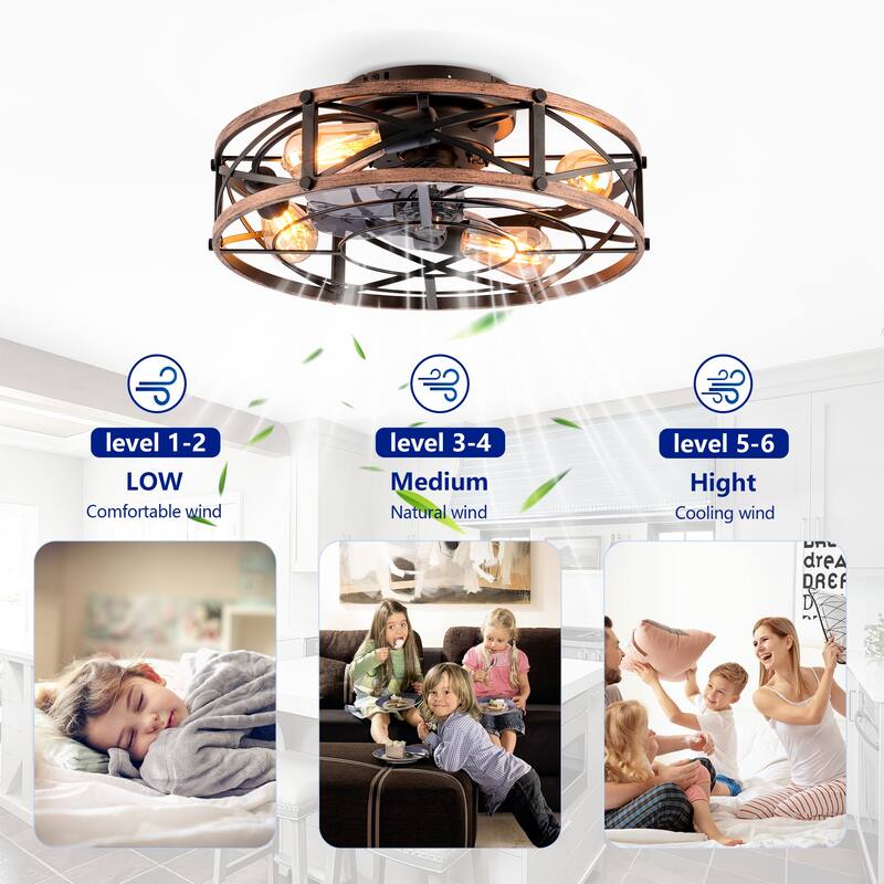 20 inch Flush Mount Ceiling Fan Light with Remote Caged Farmhouse Fandelier Black Wood Low Profile