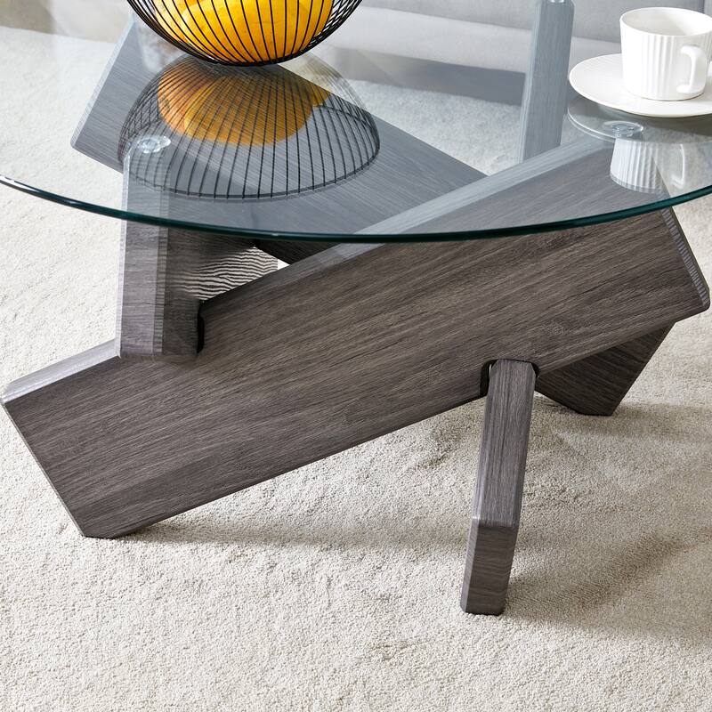 33.4" Modern Round Coffee Table with Clear Tempered Glass Top and MDF Legs for Living Room