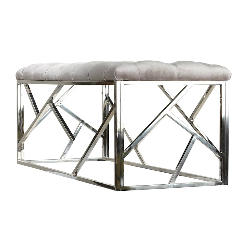 Cortesi Home Kora Grey Velvet Wide Metal Bench Ottoman