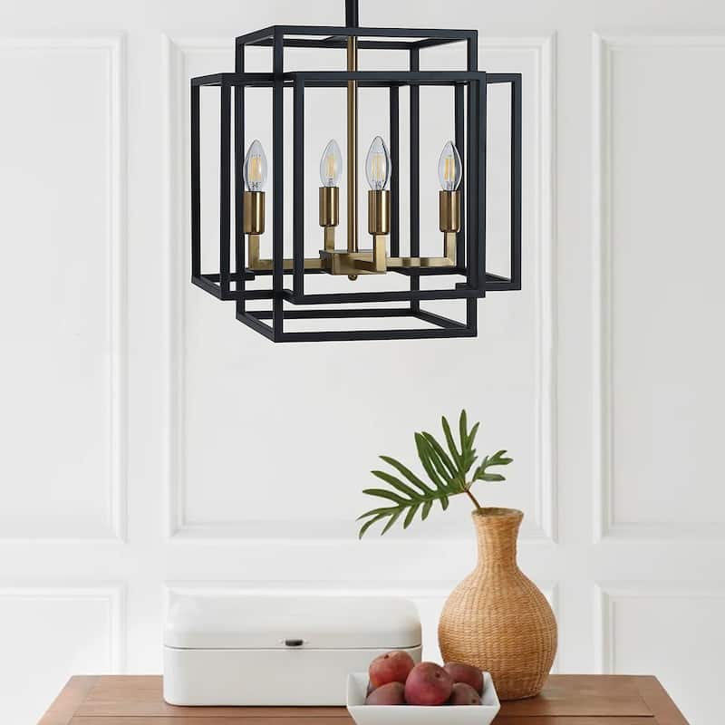 Industrial Black 4-Light Rectangle Iron Frame Semi Flush Mount Lamp