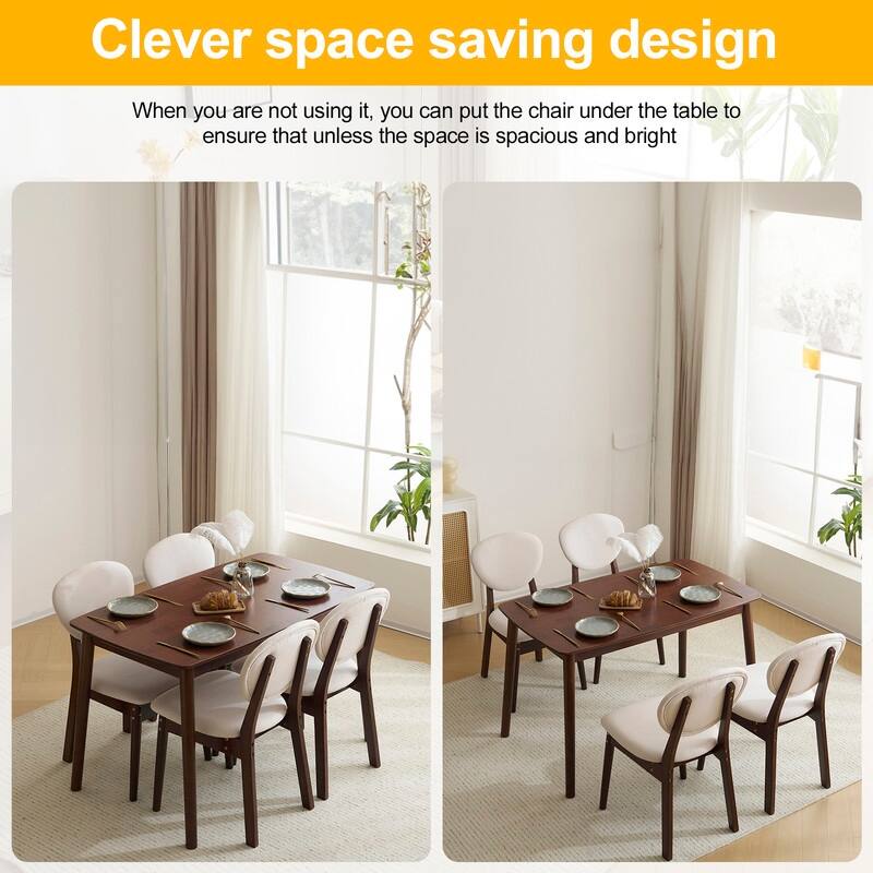 Mid-Century Wood Dining Set with Fabric Chairs,5-Pcs Set,Natural Oak Finish