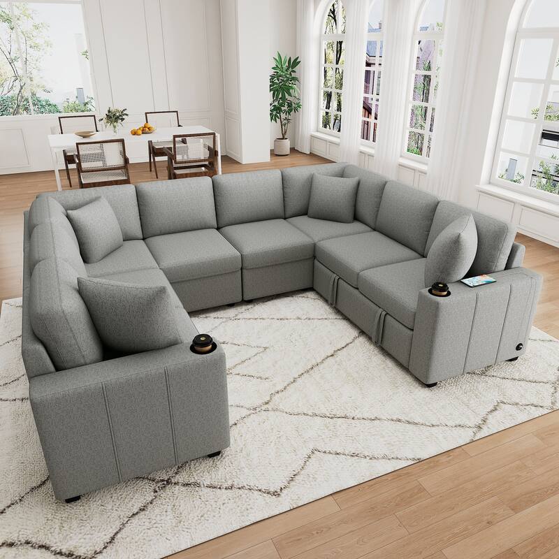108.7" U Shaped Sectional Sleeper Sofa Chenille Upholstered Couch, Oversized Convertible Pull Out Sofa Bed with USB Ports - Gray