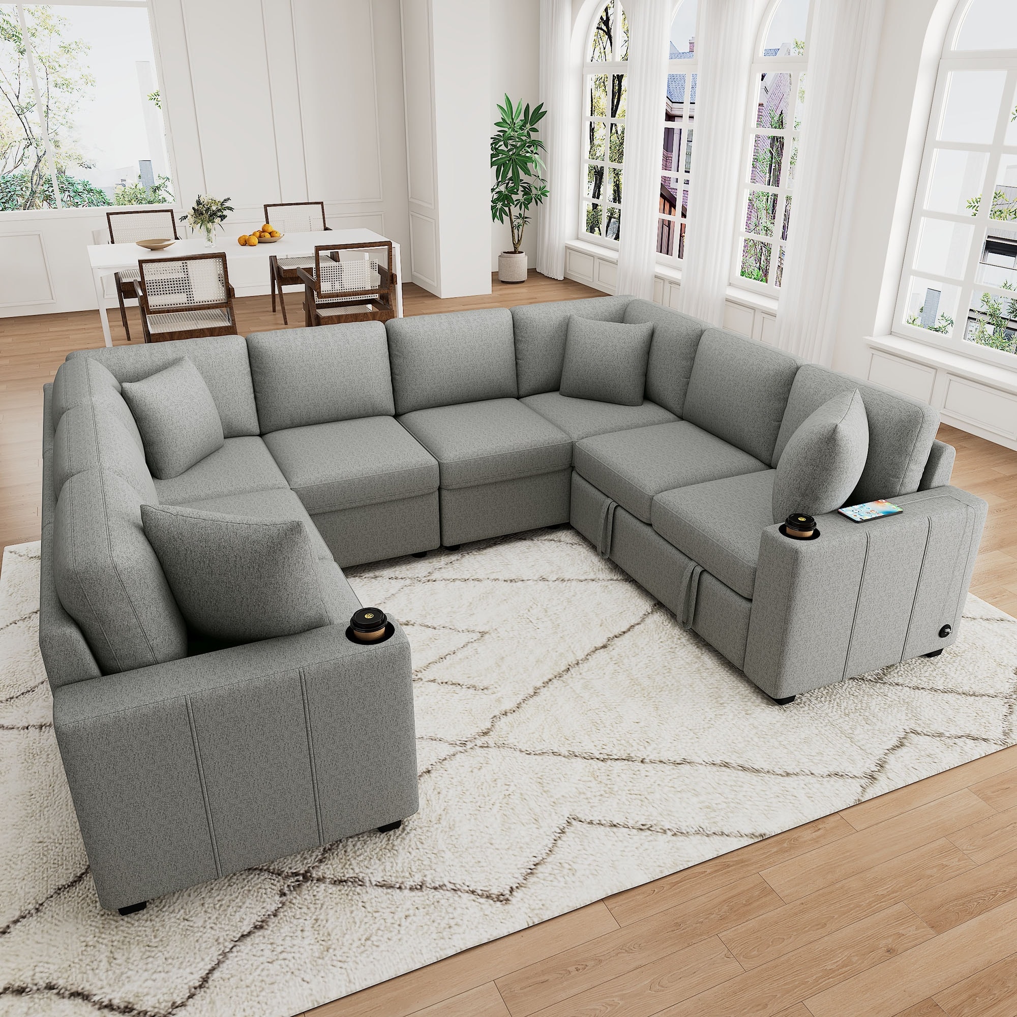 Convertible Sectional Sofa with Pull-out Sofa Bed and Dual Cup Holders