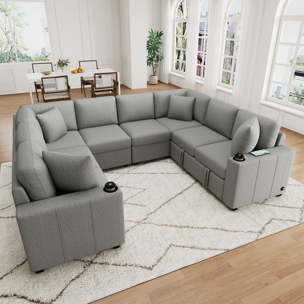 Oversized Sectional Sofa Bed Convertible Daybed Pull-out Sofa Bed U-shape Sleeper Couch Built-in USB Charging Ports & Cup Holder