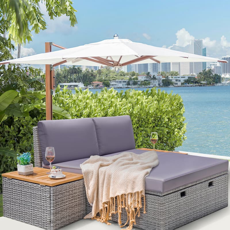 Furniwell Outdoor Daybed Patio Furniture Set Rattan Storage Conversation Set with Cushion and Side Table