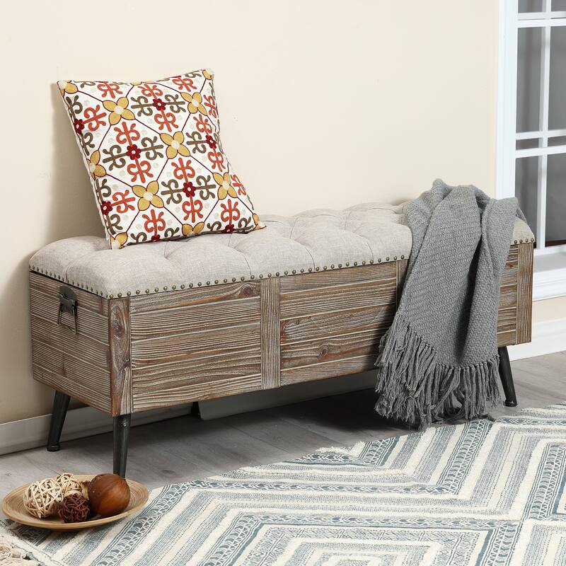 Natural Wood Upholstered Bedroom and Entryway Storage Bench - 20.08" H x 47.24" W x 15.75" D