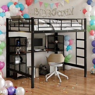Industrial Modern Full Size Metal Loft Bed with Built-in Desk and Shelves, Space-saving Functionality, High Security, Black
