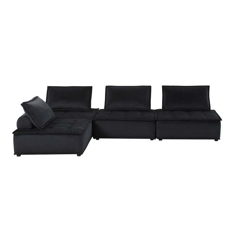 4 Piece Velvet Modular Sectional Sofa with Tufted Seat Design - Black