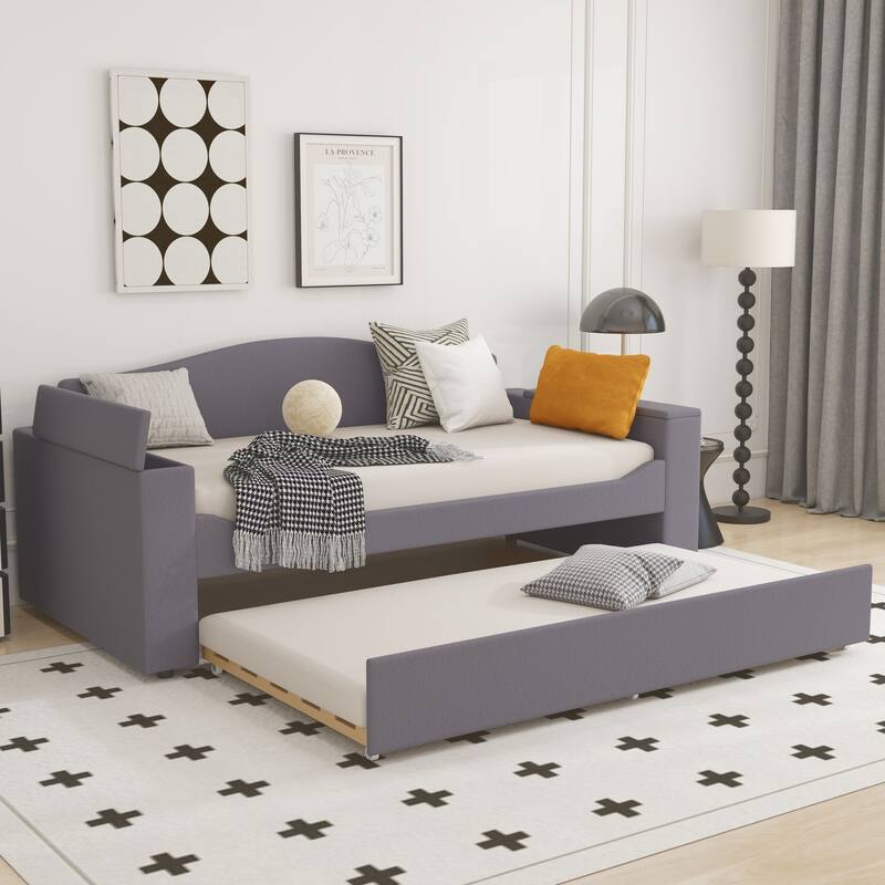 Sofa bed with storage arms, trundle bed and Bluetooth stereo