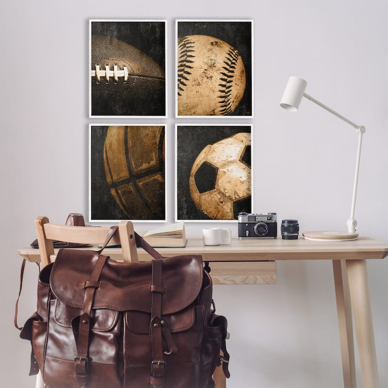 Stupell Distressed Vintage Sports Balls Framed Giclee Art Design By Kim Allen (Set of 4)