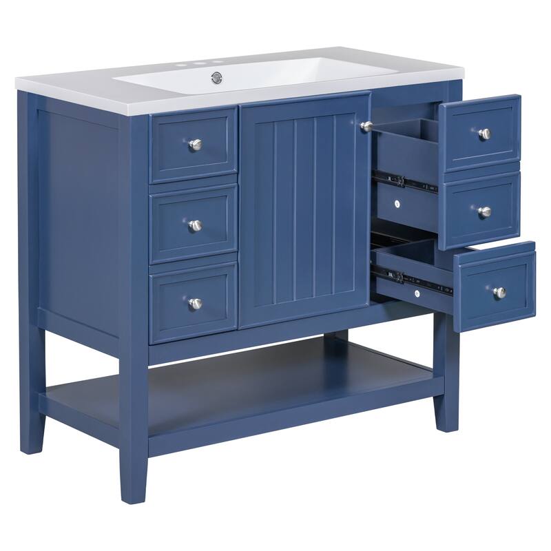 Freestanding 36" Bathroom Vanity Cabinet with Ceramic Sink & Open Storage Shelf