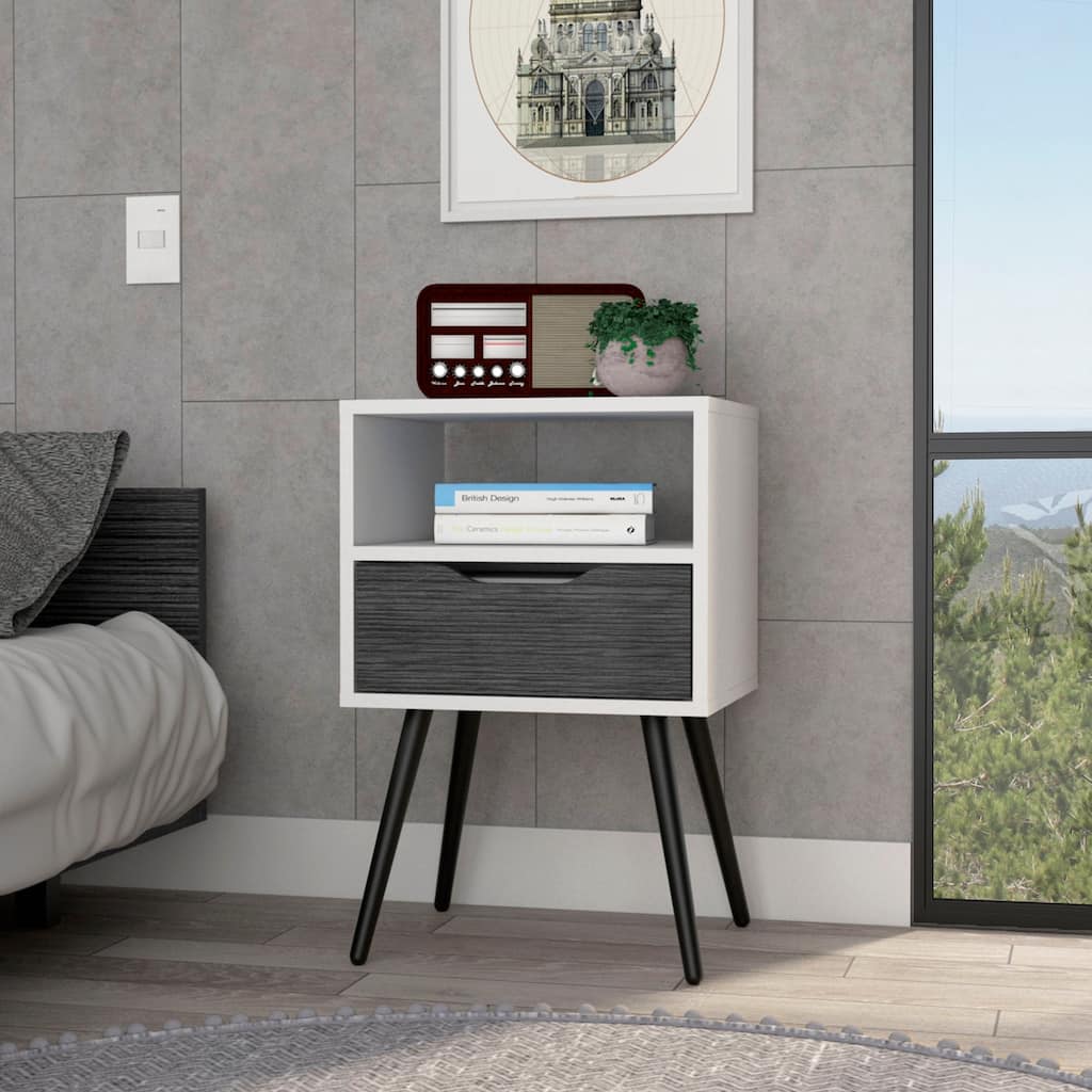 25-inch Nightstand with Superior Top, Open Shelf, and Drawer in Smokey White