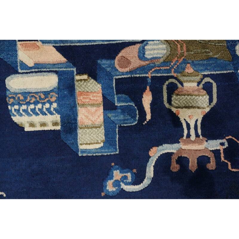 Hand Knotted Oriental 100% Wool Carpet Traditional Pictorial Navy Blue & Blues Art Deco Area Rug - 6' 6'' X 5' 0''