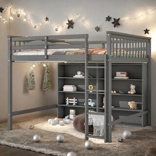 Modern Full Size Loft Bed With 8 Open Storage Shelves Snd Built-in Ladder for Bedroom