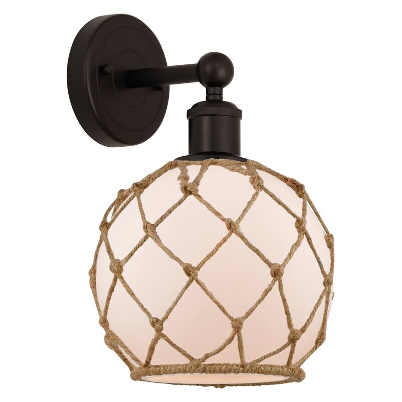 Innovations Lighting 616-1W-13-8 Farmhouse Rope Sconce Farmhouse Rope - Oil Rubbed Bronze / White Glass with Brown Rope