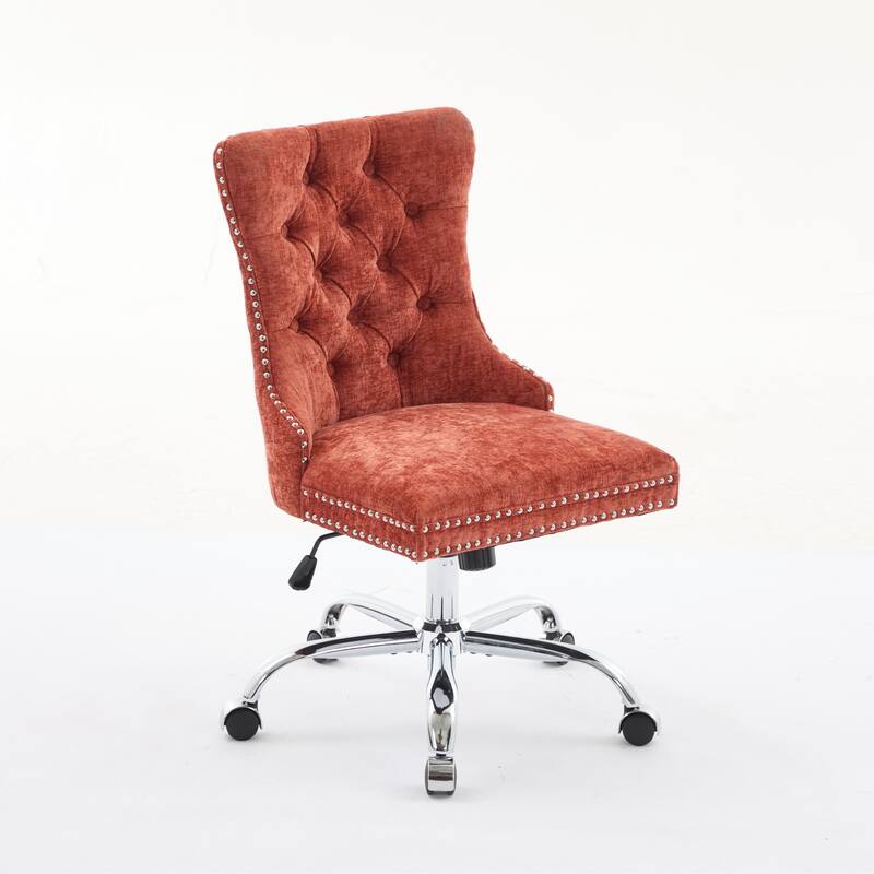Modern Chenille Upholstered Tufted Button Office Chair with Metal Base, Adjustable Desk Chair Swivel Office Chair, Orange