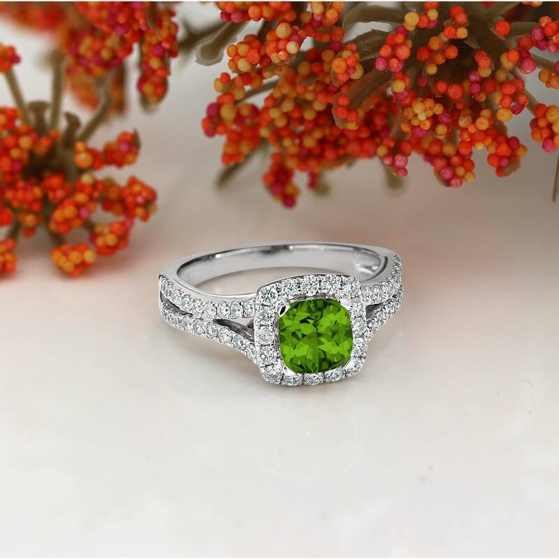 Auriya 9/10ct Cushion-cut Peridot Halo Diamond Engagement Ring 5/8ctw 14k Gold