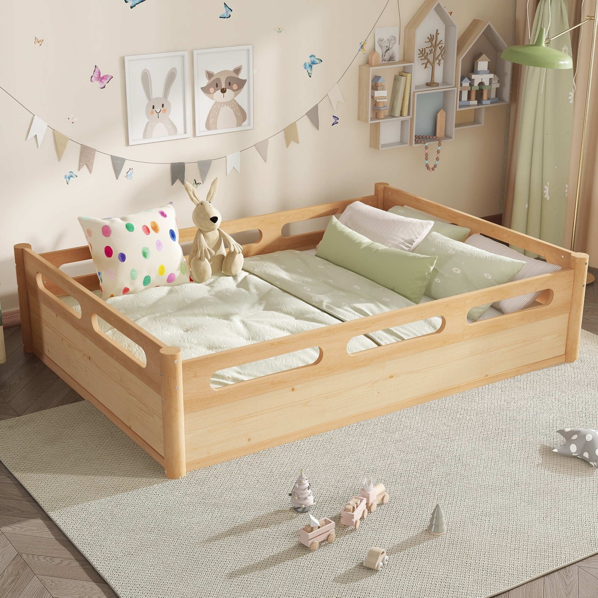 Full Size Floor Platform Bed with Full-length Guardrails,Low Profile Bed Frame with Wood Slats Support,No Box Spring Needed