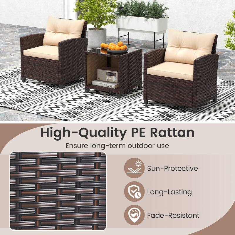Gymax 3-Piece Patio Furniture Set PE Rattan Conversation Set w/ Glass