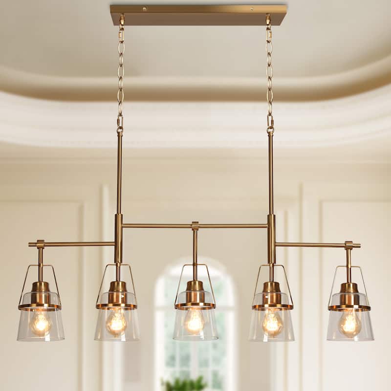 Modern Gold 5-Light Linear Chandelier Glass Kitchen Island Light - L 37.4" x W 5" x H 22.8"