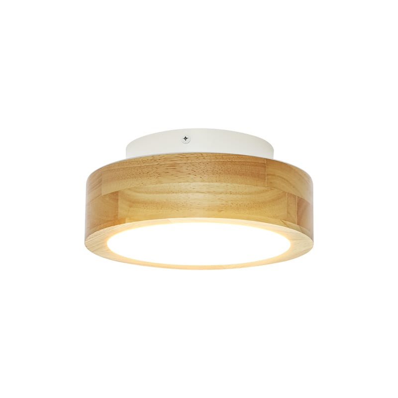 1-Light 7.87 in. Modern Farmhouse Small LED Round Wall Sconce in Natural Rubberwood Finish - 7.87 in. W x 3.35 in. H