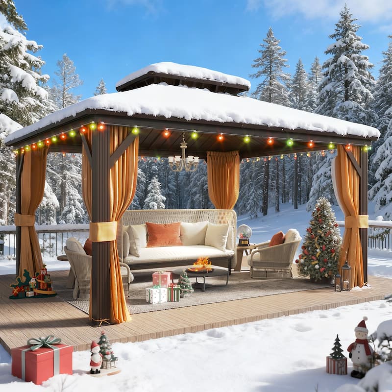 Erommy Hardtop Gazebo with Galvanized Steel Double Roof & Aluminum Frame, Outdoor Gazebo with Curtains and Nettings