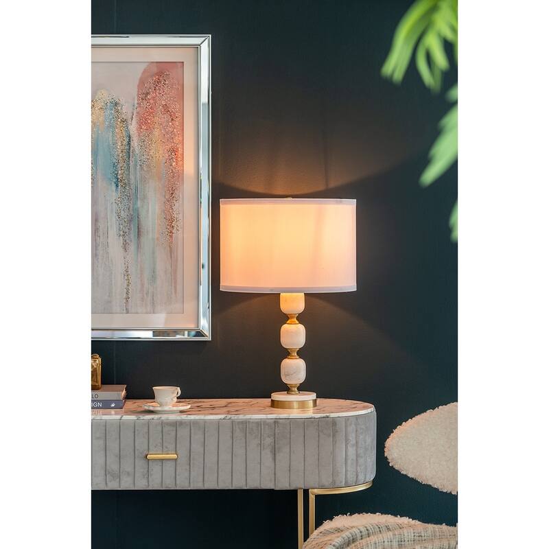 Marble Table Lamp with Fabric Drum Shade and Brass Finial Modern Vintage Style