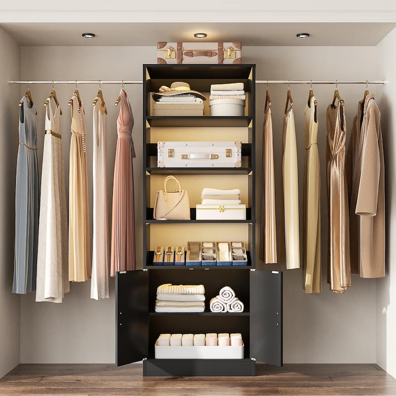 Rackcog 25'' - 104'' W Closet Organizer with Expandable Hanging Rods, Cabinet, Adjustable Shelves