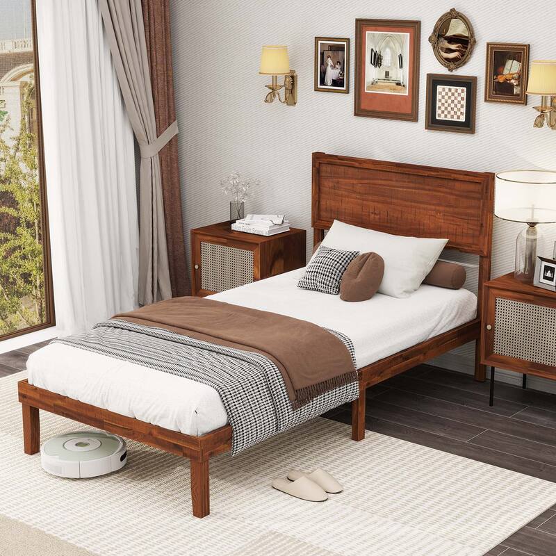 Gymax Twin/Full/Queen Bed Frame w/ Rustic Headboard Under-bed Storage