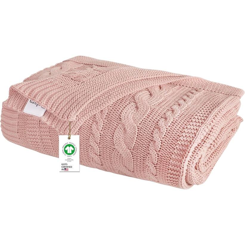 Delara Organic Cotton Throw Blanket 50x70 inches, GOTS Certified Cable Knitted Throws Blanket for Sofa Couch Bed, Baby Nursery