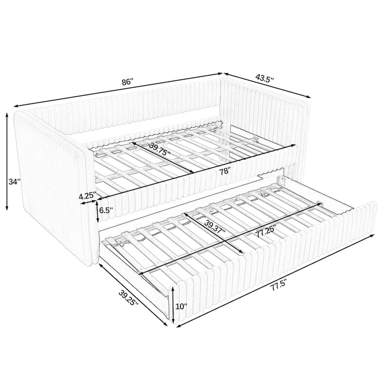 Twin Size Convertible Daybed with Plaid Corduroy Upholstered Sofa Bed Pull-Out Trundle (Space-Saving Design)