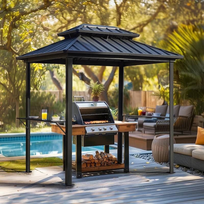 Grill Gazebo with Bar & Shelves, Double Roof BBQ Canopy for Patio, Wind & Weather-Resistant Outdoor Grill Shelter Tent