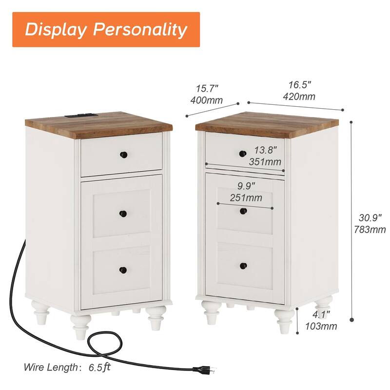 Set of 2 End Tables with Charging Station & Drawer Storage Cabinet