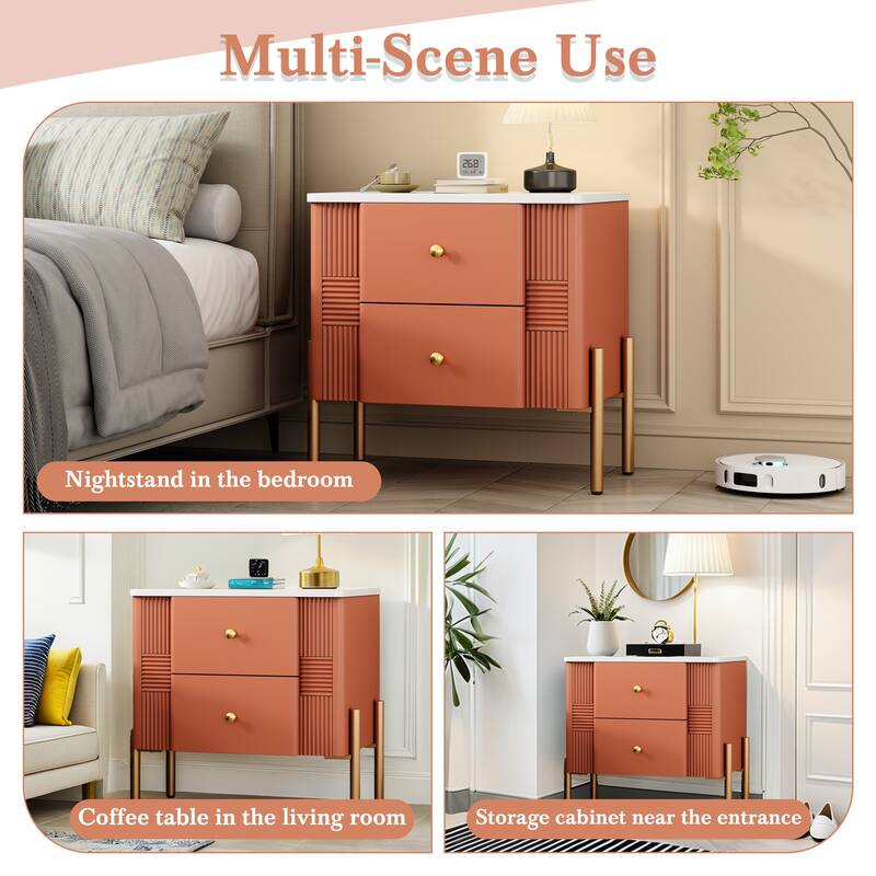 Contemporary Nightstand Featuring 2 Storage Drawers, Fluted Design with Gold-Tone Metal Handles and Legs, Versatile End Table